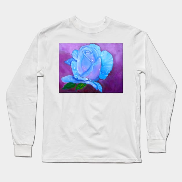 Blue Rose with Dew Drops Long Sleeve T-Shirt by jennyleeandjim